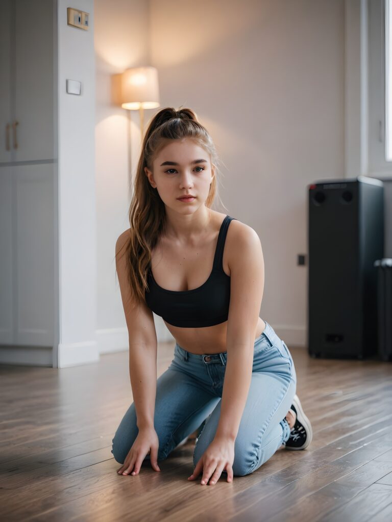 a teen girl, kneel on the floor, front view, crop top, perfect fit body