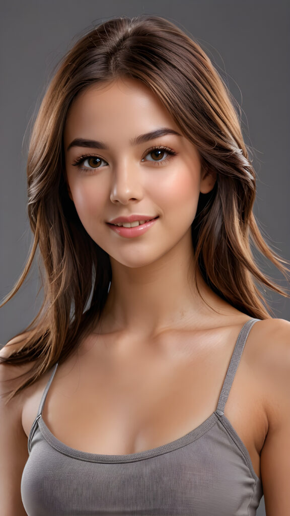 a teen girl, perfect curved body, ultra realistic face, realistic amber eyes, ((detailed shoulder length (straight brown hair))), super short crop top, round super short pants, photo with beautiful saturation, ultra high resolution, deep shadow, (best quality, masterpiece), highly detailed, looking at viewer, warm smile, (upper body), masterpiece, ((empty grey background)), ((full body view)) (((cute))) (((elegant))) ((attractive)) ((female model)) ((stunning))