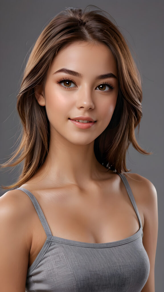a teen girl, perfect curved body, ultra realistic face, realistic amber eyes, ((detailed shoulder length (straight brown hair))), super short crop top, round super short pants, photo with beautiful saturation, ultra high resolution, deep shadow, (best quality, masterpiece), highly detailed, looking at viewer, warm smile, (upper body), masterpiece, ((empty grey background)), ((full body view)) (((cute))) (((elegant))) ((attractive)) ((female model)) ((stunning))
