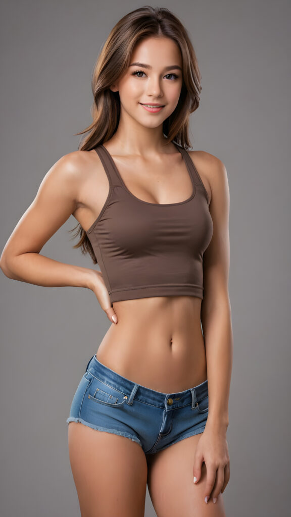 a teen girl, perfect curved body, ultra realistic face, realistic amber eyes, ((detailed shoulder length (straight brown hair))), (((low-cut) fitness crop top)), round super short pants, beautiful saturation, ultra high resolution, deep shadow, (best quality, masterpiece), highly detailed, looking at viewer, warm smile, (upper body), masterpiece, ((empty grey background)), ((full body view)) (((cute))) (((elegant))) ((attractive)) ((female model)) ((stunning))