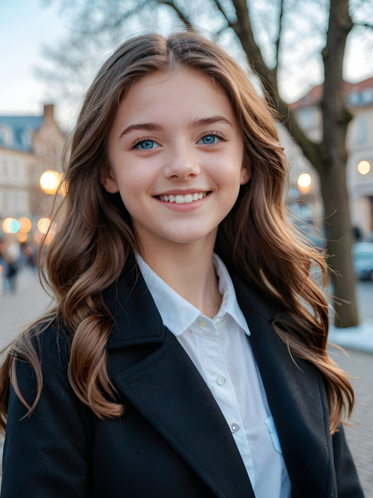 a teen girl, she is very happy and laugh, ((perfect, detailed portrait)), she has long brown hair, ((light blue eyes)), wears a black coat