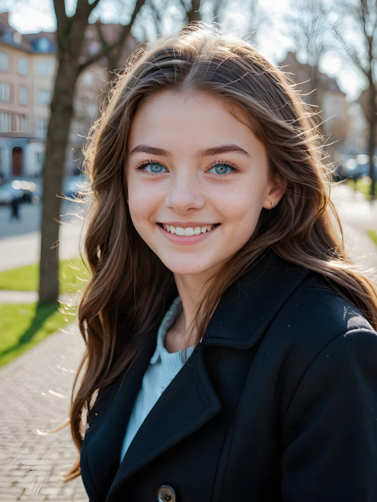 a teen girl, she is very happy and laugh, ((perfect, detailed portrait)), she has long brown hair, ((light blue eyes)), wears a black coat