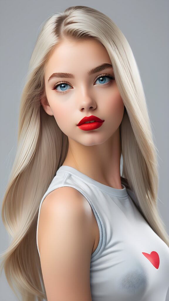 a teen girl with white straight long hair and light blue eyes has red glossy lips and is wearing a short tight white top, ((grey background)) ((detailed photo)) ((side view)) ((perfect curved body))