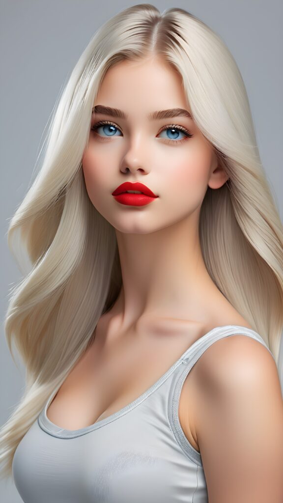 a teen girl with white straight long hair and light blue eyes has red glossy lips and is wearing a short tight white top, ((grey background)) ((detailed photo)) ((side view)) ((perfect curved body))