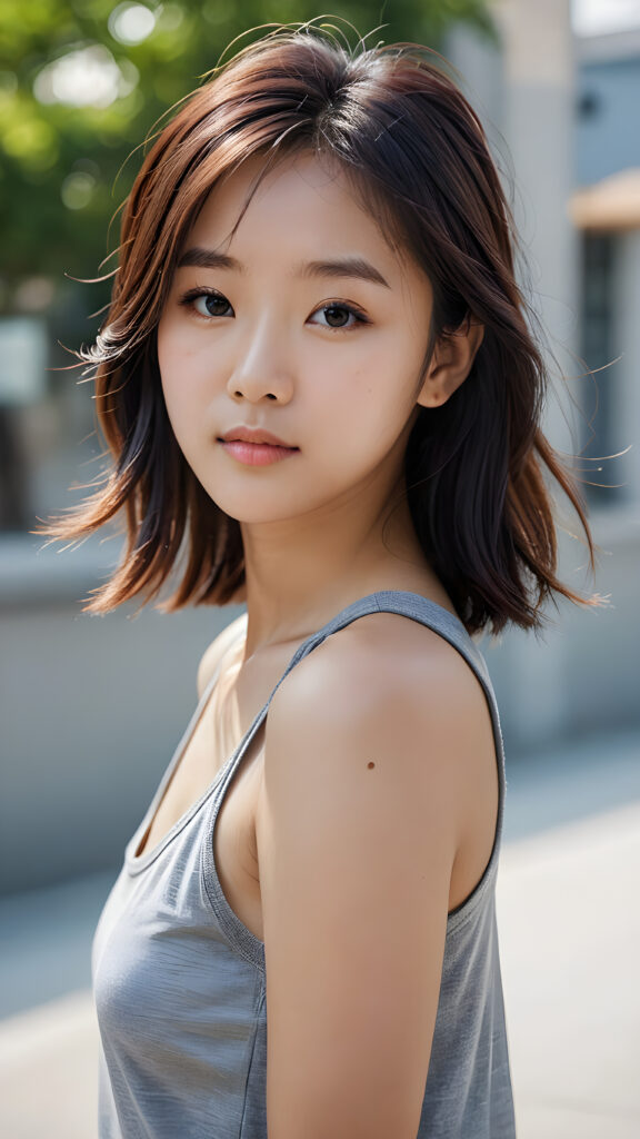 a (((teenage Korean girl))) with flowing, side-swept bangs and short, sleek hair framing her face, elegantly dressed in a (((grey tank top))), exuding an air of modern sophistication