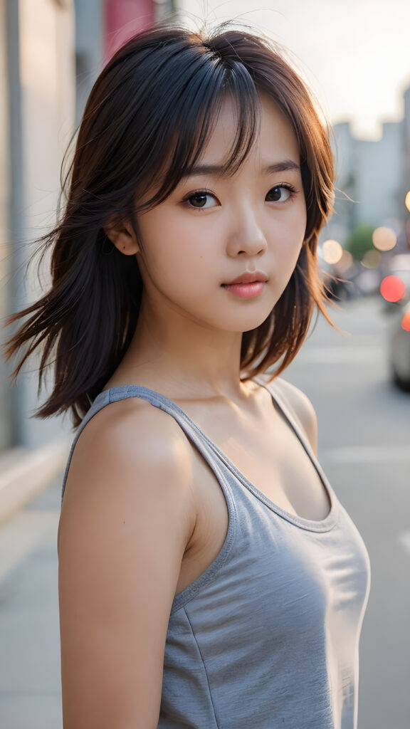 a (((teenage Korean girl))) with flowing, side-swept bangs and short, sleek hair framing her face, elegantly dressed in a (((grey tank top))), exuding an air of modern sophistication