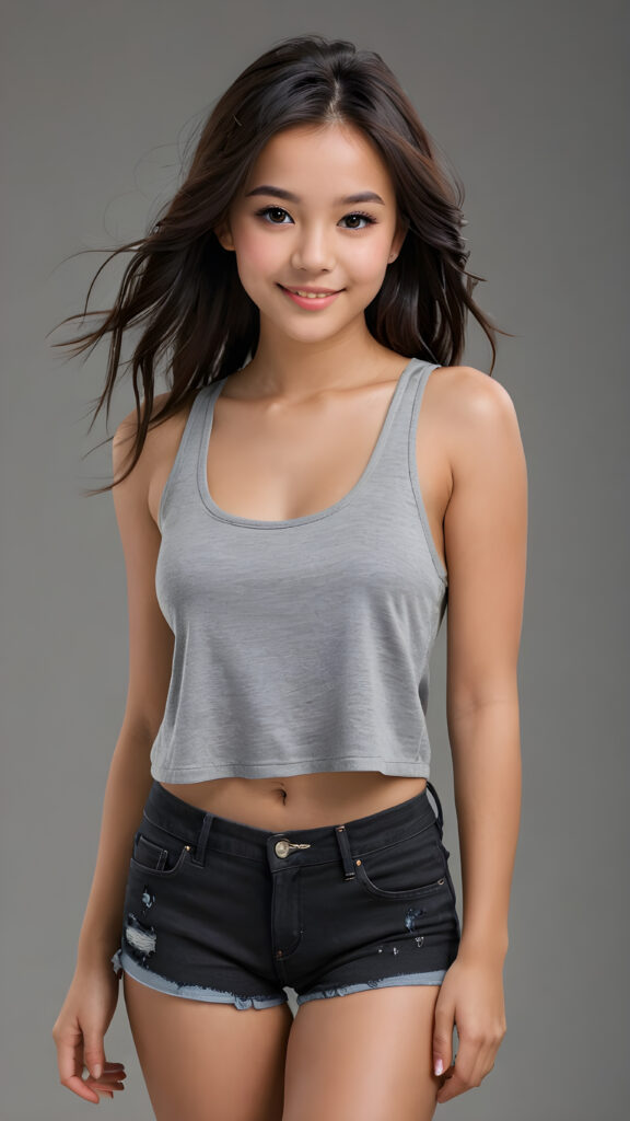 a teenage girl, full detailed and realistic portrait, ((round face)), flawless, young and smooth skin, full lips, her deep brown eyes sparkle, ((obsidian long, straight soft shiny hair)), a warm smile enchants the viewer, perfect curved body, wears a ((super short crop tank top)), ((gorgeous)) ((stunning)) ((grey background)) ((cute))