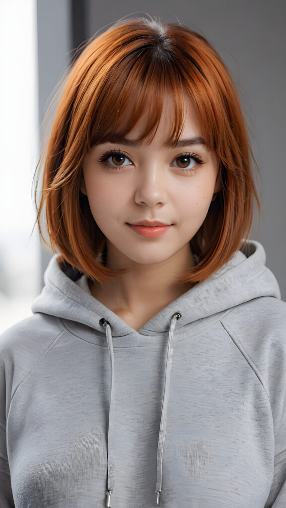 a teenage girl, full detailed and realistic portrait, ((round, angelic face)), flawless, young and smooth skin, full lips, her deep brown eyes sparkle, ((orange shoulder-length, straight soft shiny hair, bangs and bob cut)), white hoodie, a warm smile enchants the viewer, ((gorgeous)) ((stunning)) ((grey background))