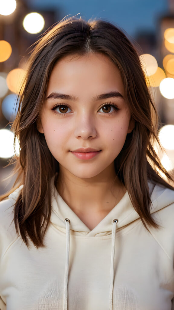 a teenage girl, full detailed and realistic portrait, ((round, angelic face)), flawless, young and smooth skin, full lips, her deep brown eyes sparkle, ((brown shoulder-length, straight soft hair)), white hoodie, a warm smile enchants the viewer, ((gorgeous)) ((stunning))