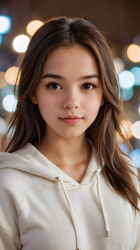 a teenage girl, full detailed and realistic portrait, ((round, angelic face)), flawless, young and smooth skin, full lips, her deep brown eyes sparkle, ((brown shoulder-length, straight soft hair)), white hoodie, a warm smile enchants the viewer, ((gorgeous)) ((stunning))