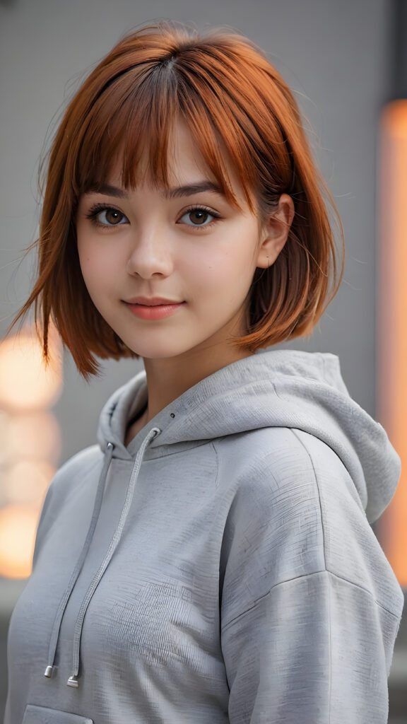 a teenage girl, full detailed and realistic portrait, ((round, angelic face)), flawless, young and smooth skin, full lips, her deep brown eyes sparkle, ((orange shoulder-length, straight soft shiny hair, bangs and bob cut)), white hoodie, a warm smile enchants the viewer, ((gorgeous)) ((stunning)) ((grey background))