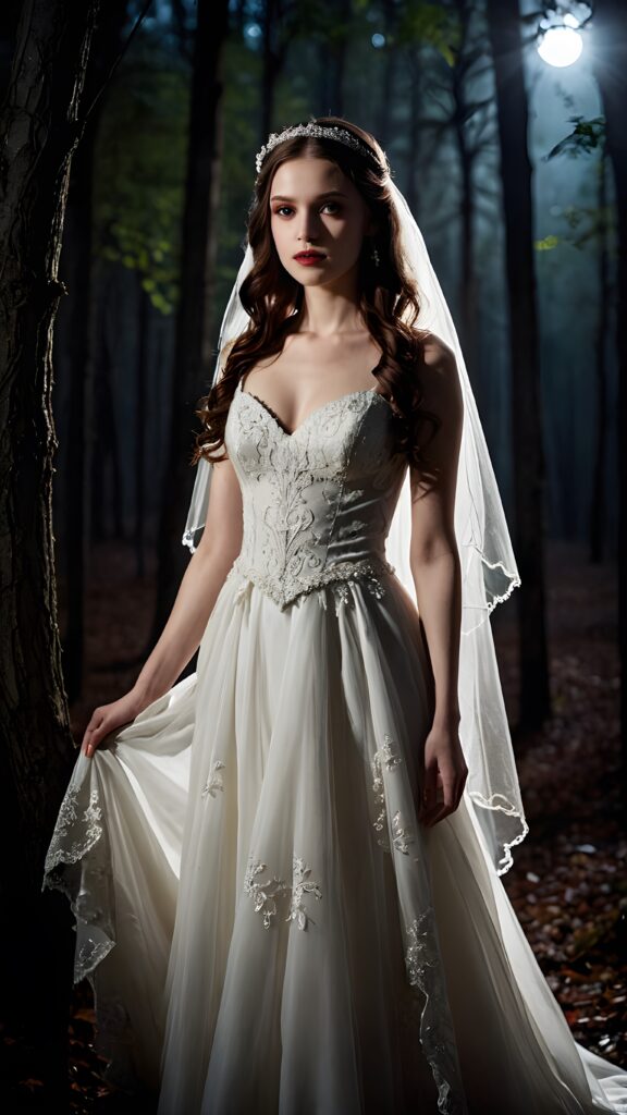 a thin dressed teen vampir bride at night in a mysterious forest. Weak moonlight light falls into the picture. Perfect shadows and contrasts support the image. ((detailed))