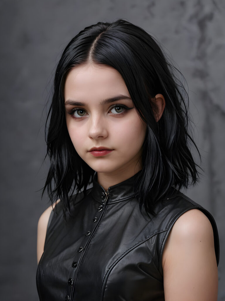 a thoughtful (((sad and tired young goth teen girl))) with soft obsidian black hair, (((short leather outfit))), contrasting against a (((gray, drab backdrop))), suggesting melancholy and disillusionment