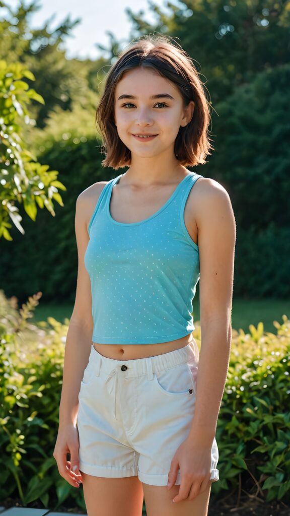 a (((very cute teen girl))) dressed in a (((tank top and short pants))), exuding an air of youthful confidence with features that are both (strikingly beautiful) and (vividly glowing), capturing the essence of (summer vitality)