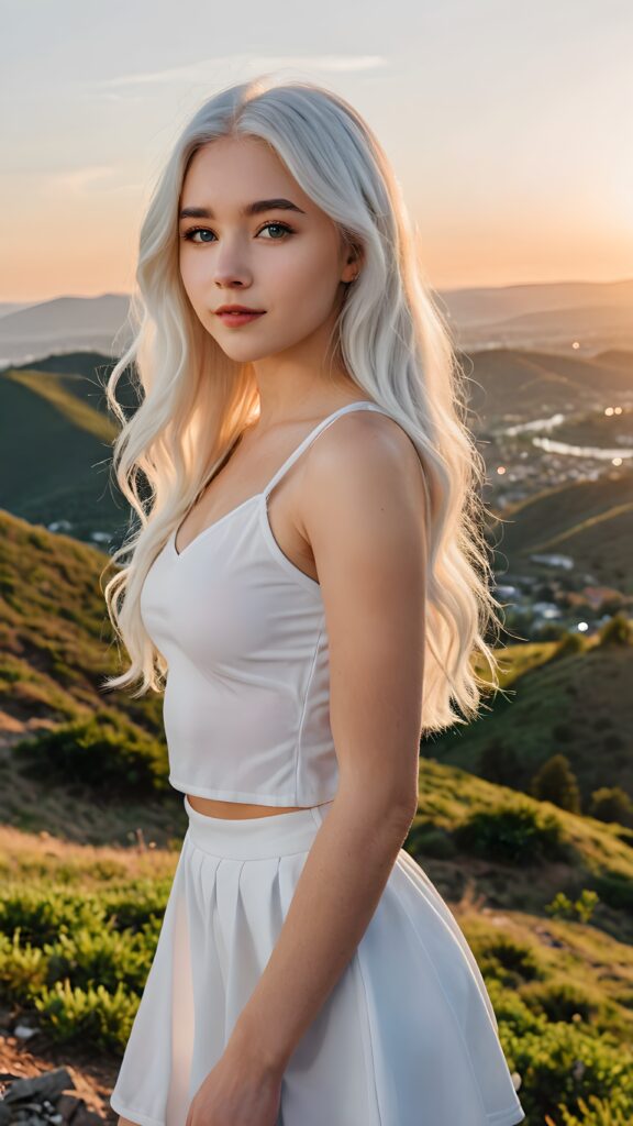 a (((very cute teen girl))) with detailed, long, slightly wavy (((white hair))), perfect heart-shaped face and bangs cut, standing confidently on a (((hill))) with a breathtakingly realistic setting of a (sunset in the background). She wears a super short, sleek and tight, semi-sheer white tank top with a high waist, matching short, miniskirt with intricate detailing that accentuates her (superbly proportioned figure) from a side angle