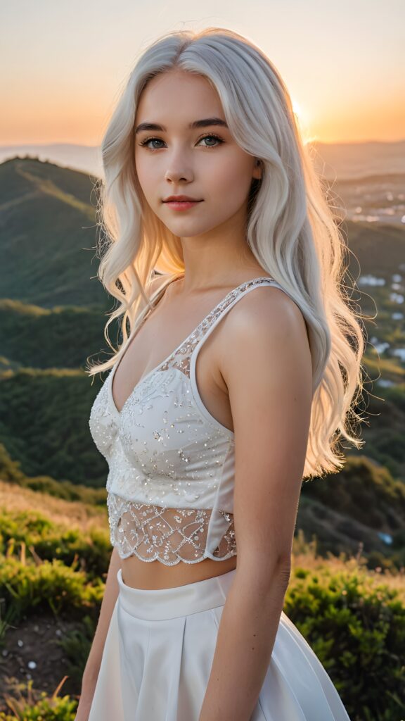 a (((very cute teen girl))) with detailed, long, slightly wavy (((white hair))), perfect heart-shaped face and bangs cut, standing confidently on a (((hill))) with a breathtakingly realistic setting of a (sunset in the background). She wears a super short, sleek and tight, semi-sheer white tank top with a high waist, matching short, miniskirt with intricate detailing that accentuates her (superbly proportioned figure) from a side angle