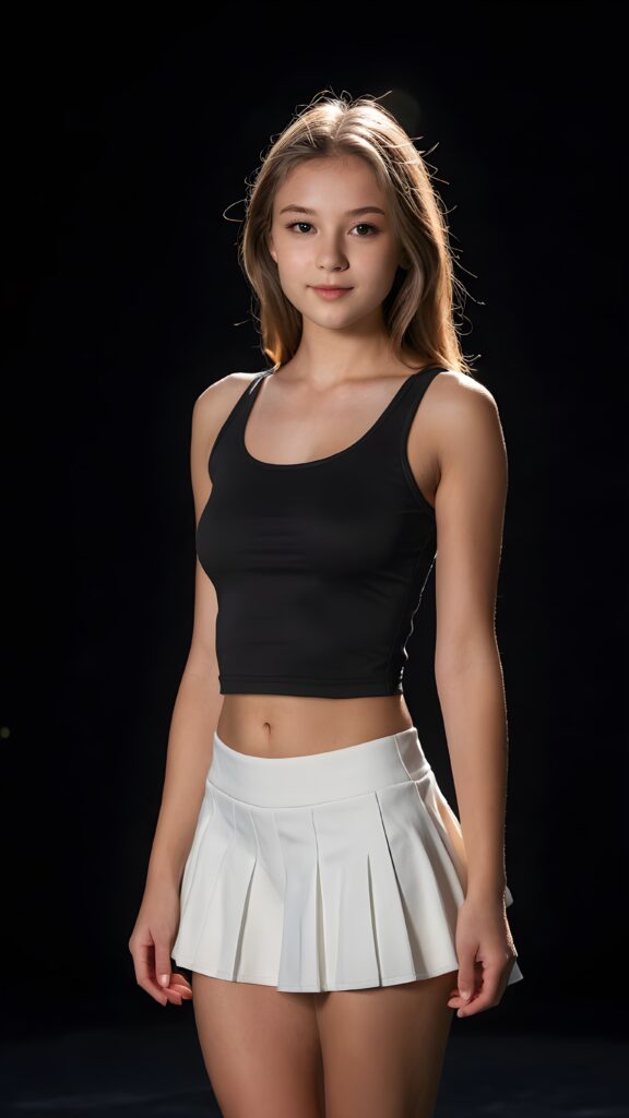 a (((very cute teen girl))), perfect curved body, dressed in a (((short crop top and short (round mini skirt)))), exuding an air of youthful confidence with features that are both (strikingly beautiful) and (vividly glowing), capturing the essence of (summer vitality) ((black background)) ((dimmed light))