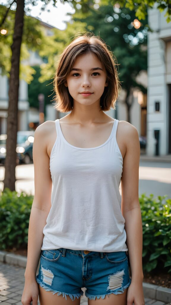 a very cute teen girl, tank top, short pants, (stunning) (gorgeous)