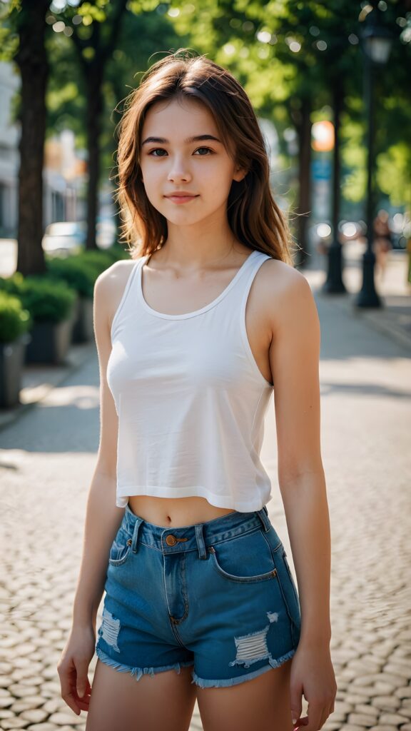 a very cute teen girl, tank top, short pants, (stunning) (gorgeous)