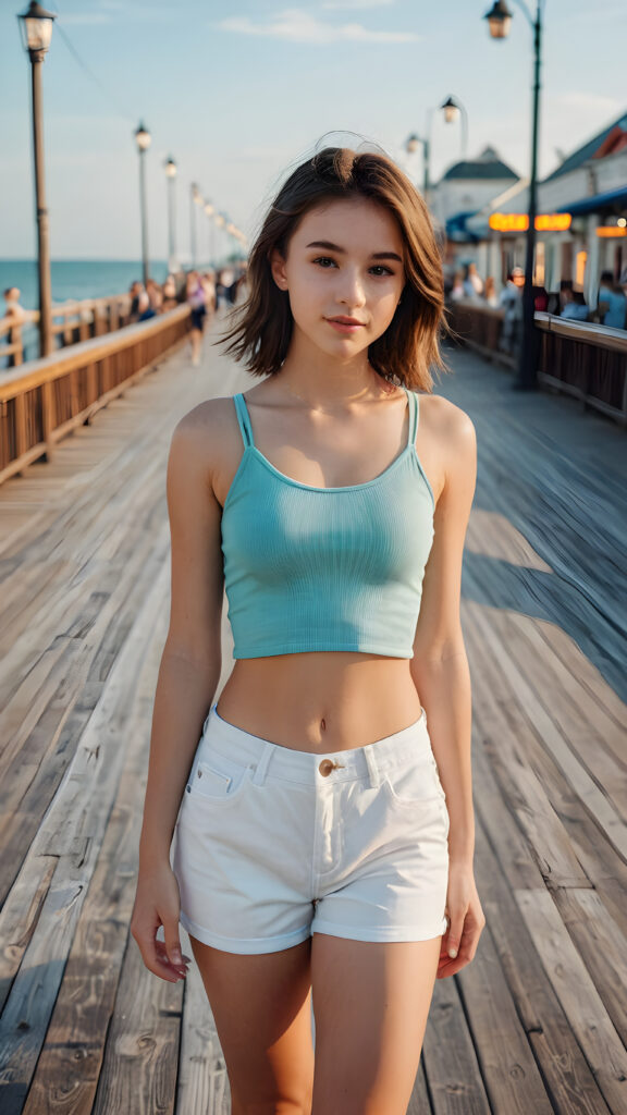 a very cute teen girl, crop tank top, short pants, perfect body, (stunning) (gorgeous) (boardwalk)