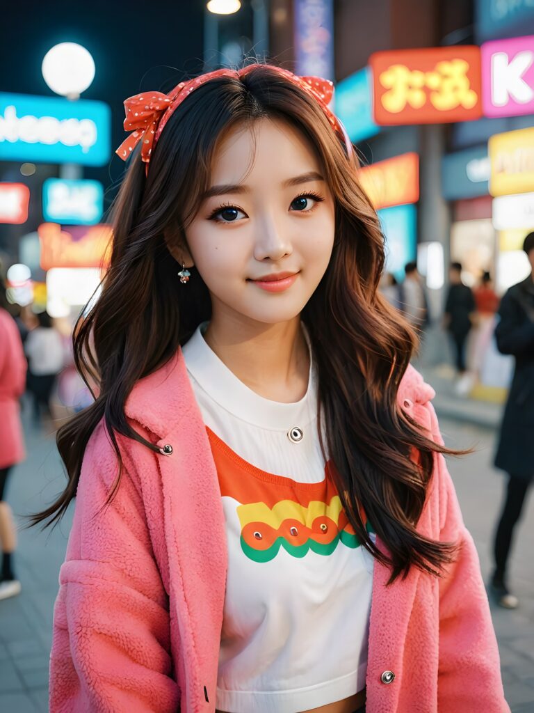 a (((vividly colored and cute K-pop girl))) with wide eyes and a smile that exudes cuteness, dressed in a style indicative of modern Korean pop culture
