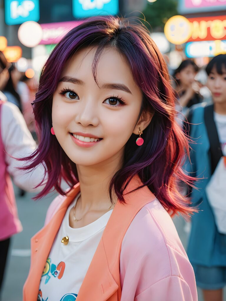 a (((vividly colored and cute K-pop girl))) with wide eyes and a smile that exudes cuteness, dressed in a style indicative of modern Korean pop culture