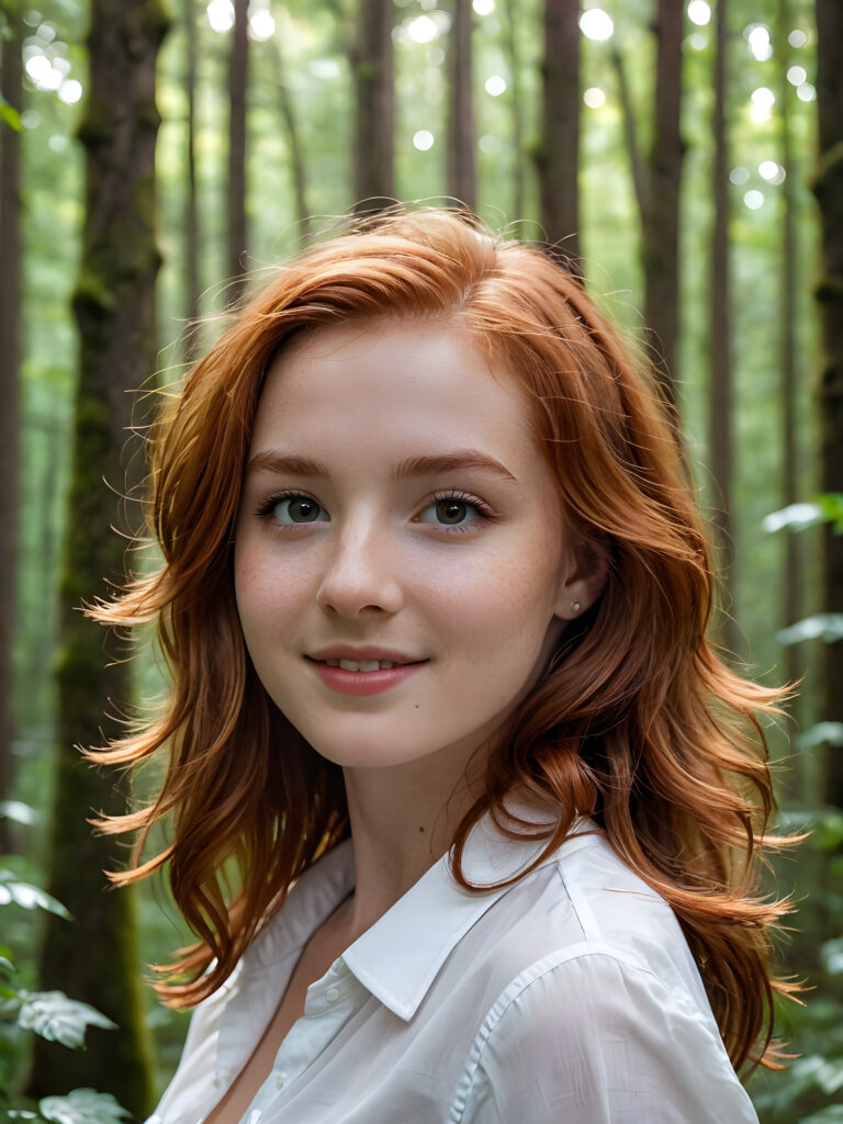 a (((vividly detailed red-haired teen girl))) with shoulder-length tresses frame her face in a (((softly falling curl))), poised with a radiant smile, dressed in a ((white button-down)) against a backdrop of a (((dense forest)))