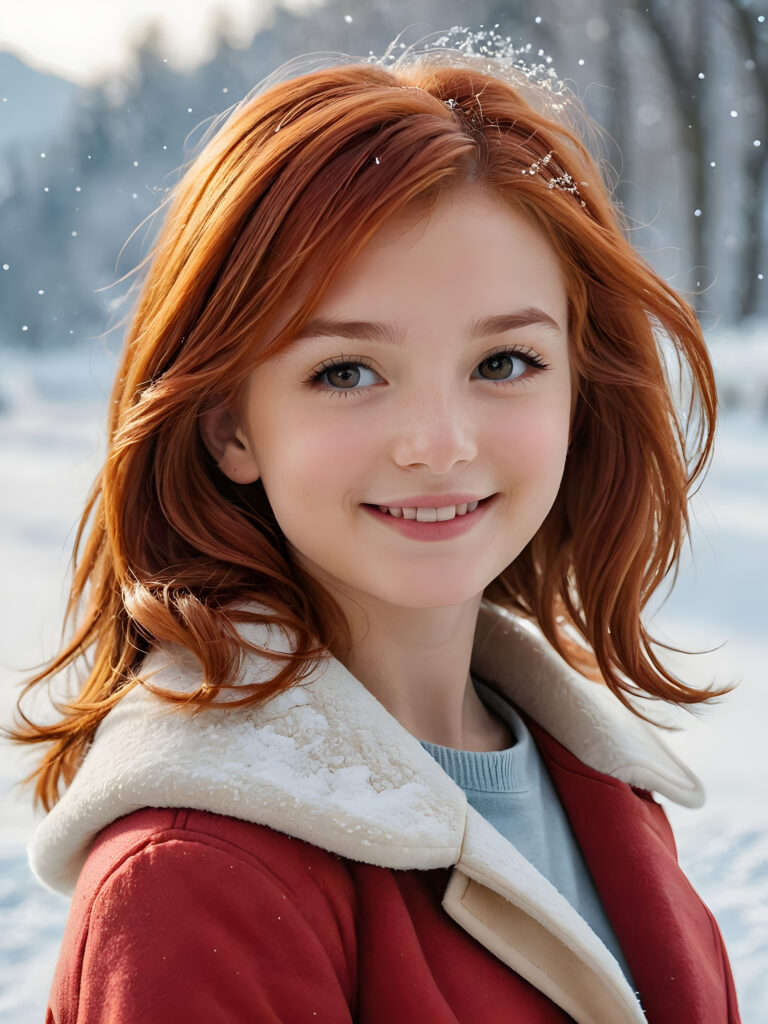 a (((vividly drawn cute little red-haired cute teen girl))), her shoulder-length hair framing her smile, she wears a winter coat, standing confidently (snow backdrop)