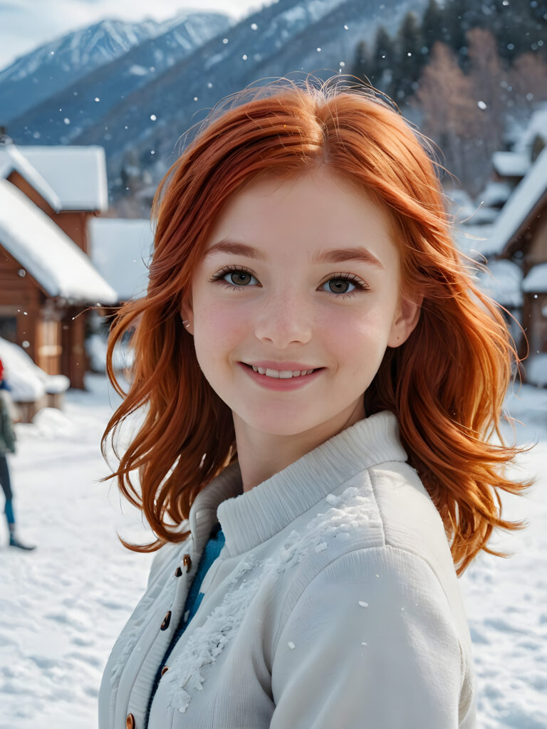 a (((vividly drawn cute little red-haired cute teen girl))), her shoulder-length hair framing her smile, she wears a winter coat, standing confidently (snow backdrop)