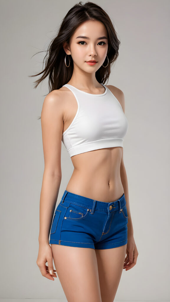 a (((vividly drawn girl))), dressed in a sleek, ((crop top)) that accentuates her navel, with its sides pulled down to reveal a hint of her short shorts