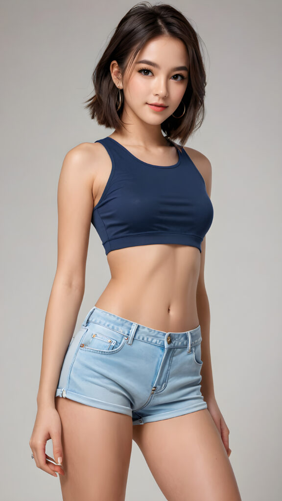 a (((vividly drawn girl))), dressed in a sleek, ((crop top)) that accentuates her navel, with its sides pulled down to reveal a hint of her short shorts
