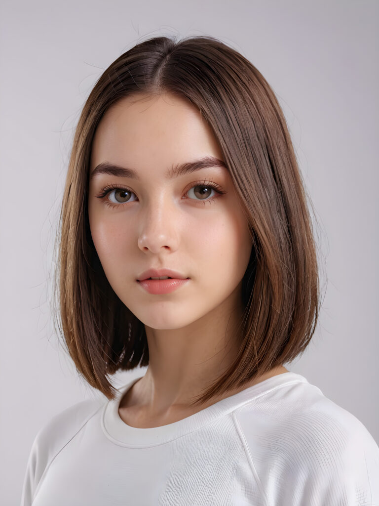 a (((vividly portrait))), capturing a young teen girl with long, flowing (((straight bob cut hair))), her eyes sparkling and her skin radiant, wearing comfortable clothes, perfect curved body, embodying flawless beauty, full lips, ((angelic round face)) ((super realistic photo)) ((stunning)) ((gorgeous)) ((white background)) ((upper body)) 4k