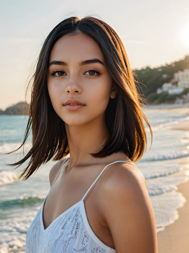 a (((vividly portrait))), capturing a young Brazilian teen girl with long, flowing (((straight bob cut hair))), her eyes sparkling and her skin radiant, wearing comfortable clothes, perfect curved body, embodying flawless beauty, full lips, ((angelic round face)) ((super realistic photo)) ((stunning)) ((gorgeous)) ((at beach)) ((upper body)) 4k