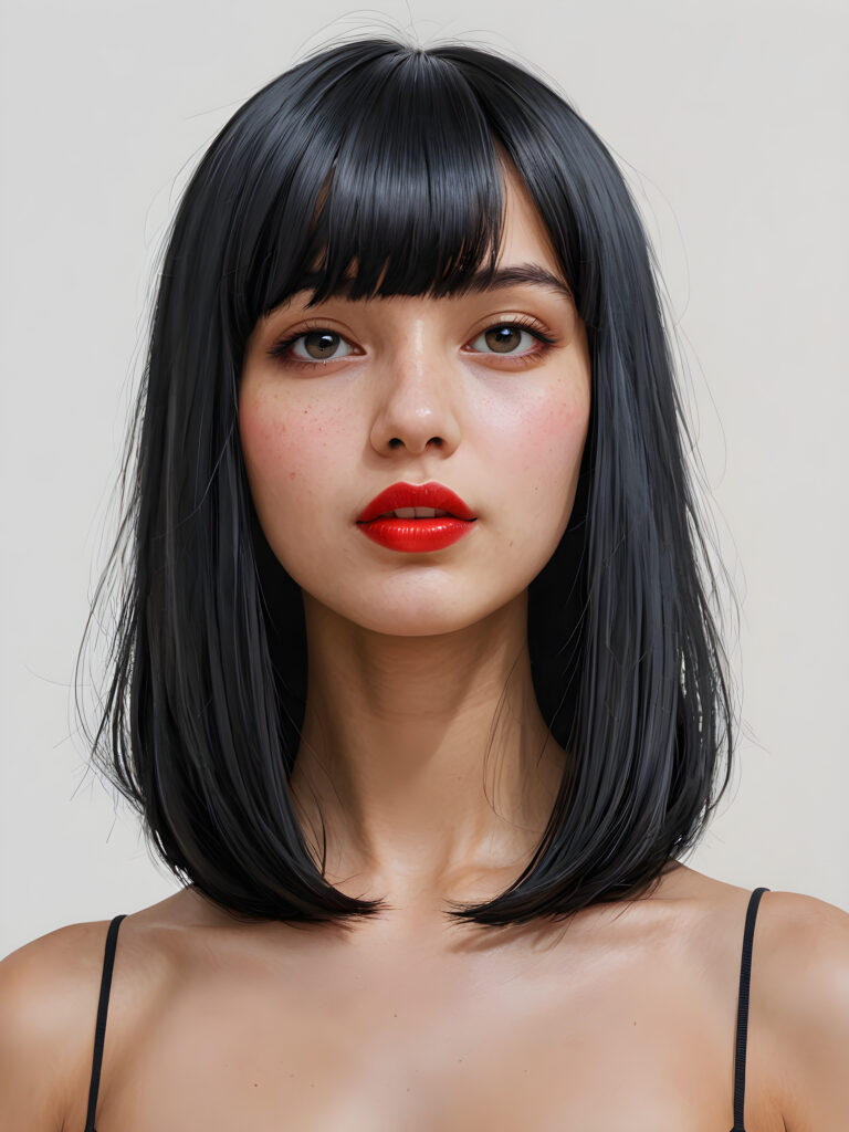 a (((vividly portrait))), capturing a young teen girl with long, flowing (((straight bob cut black hair, bangs cut))), her eyes sparkling and her skin radiant, wearing comfortable clothes, perfect curved body, embodying flawless beauty, ((full red lips)), ((angelic round face)) ((super realistic photo)) ((stunning)) ((gorgeous)) ((white background)) ((upper body)) 4k