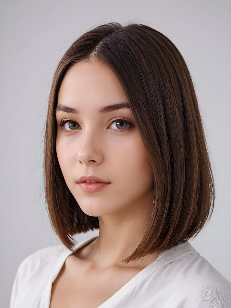 a (((vividly portrait))), capturing a young teen girl with long, flowing (((straight bob cut hair))), her eyes sparkling and her skin radiant, wearing comfortable clothes, perfect curved body, embodying flawless beauty, full lips, ((angelic round face)) ((super realistic photo)) ((stunning)) ((gorgeous)) ((white background)) ((upper body)) 4k