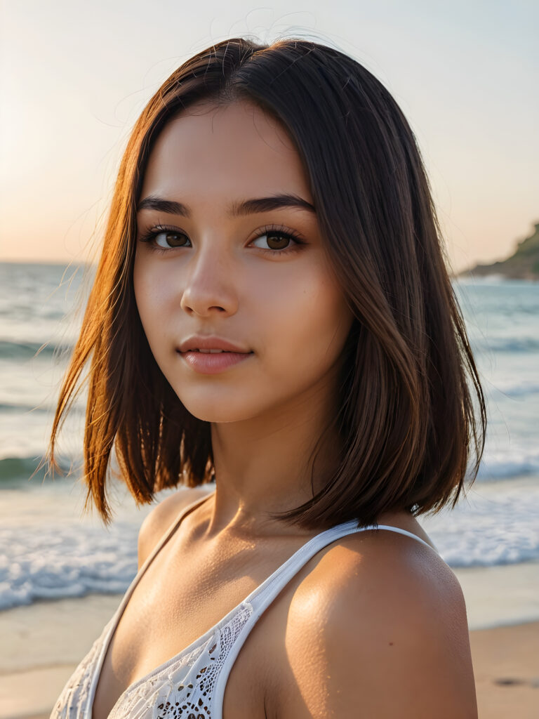 a (((vividly portrait))), capturing a young Brazilian teen girl with long, flowing (((straight bob cut hair))), her eyes sparkling and her skin radiant, wearing comfortable clothes, perfect curved body, embodying flawless beauty, full lips, ((angelic round face)) ((super realistic photo)) ((stunning)) ((gorgeous)) ((at beach)) ((upper body)) 4k