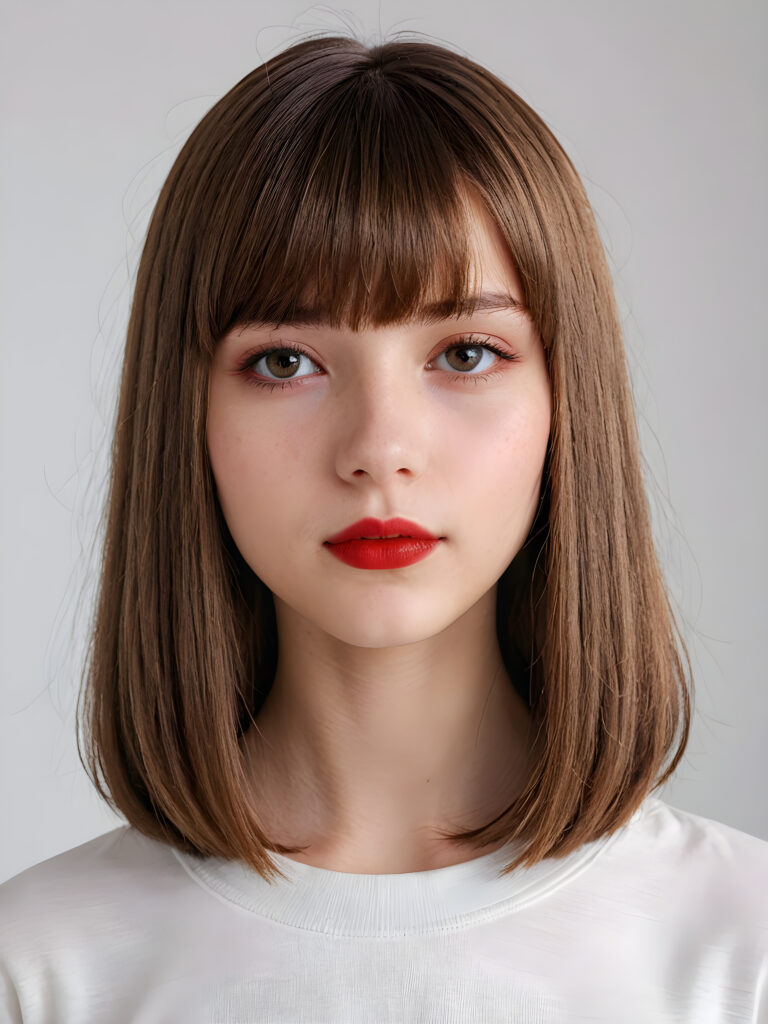 a (((vividly portrait))), capturing a young teen girl, 13 years old, with long, flowing (((straight bob cut hair, bangs cut))), her eyes sparkling and her skin radiant, wearing comfortable clothes, perfect curved body, embodying flawless beauty, ((full red lips)), ((angelic round face)) ((super realistic photo)) ((stunning)) ((gorgeous)) ((white background)) ((upper body)) 4k