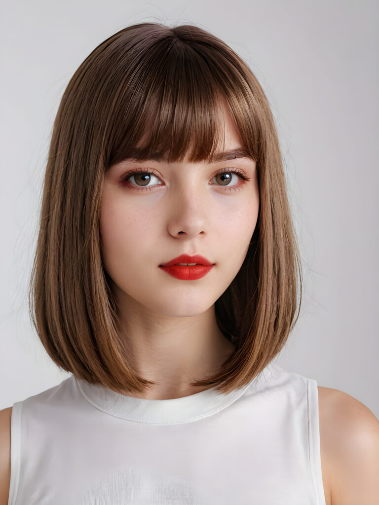 a (((vividly portrait))), capturing a young teen girl, 13 years old, with long, flowing (((straight bob cut hair, bangs cut))), her eyes sparkling and her skin radiant, wearing comfortable clothes, perfect curved body, embodying flawless beauty, ((full red lips)), ((angelic round face)) ((super realistic photo)) ((stunning)) ((gorgeous)) ((white background)) ((upper body)) 4k