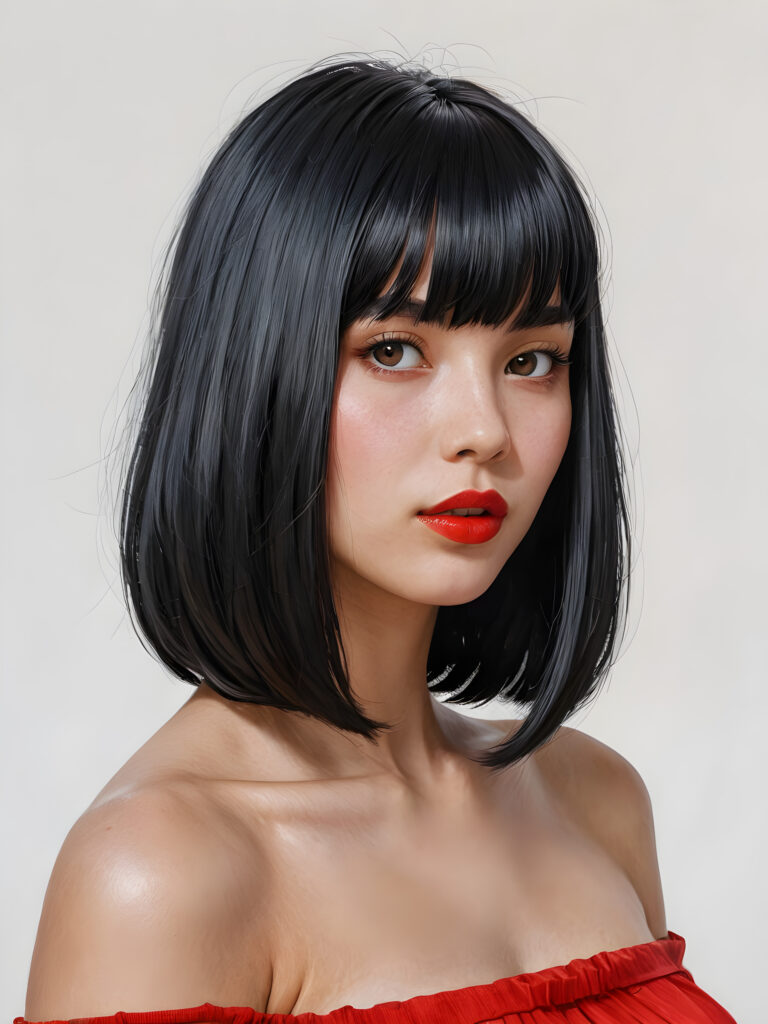 a (((vividly portrait))), capturing a young teen girl with long, flowing (((straight bob cut black hair, bangs cut))), her eyes sparkling and her skin radiant, wearing comfortable clothes, perfect curved body, embodying flawless beauty, ((full red lips)), ((angelic round face)) ((super realistic photo)) ((stunning)) ((gorgeous)) ((white background)) ((upper body)) 4k