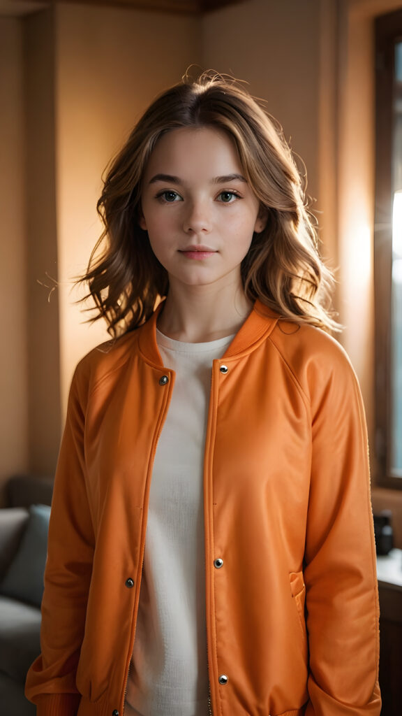 a (((vividly soft-haired young girl))) dressed in a ((tranquil orange jacket)), standing in a dimly lit room with (faint sunbeams illuminating the space around her)