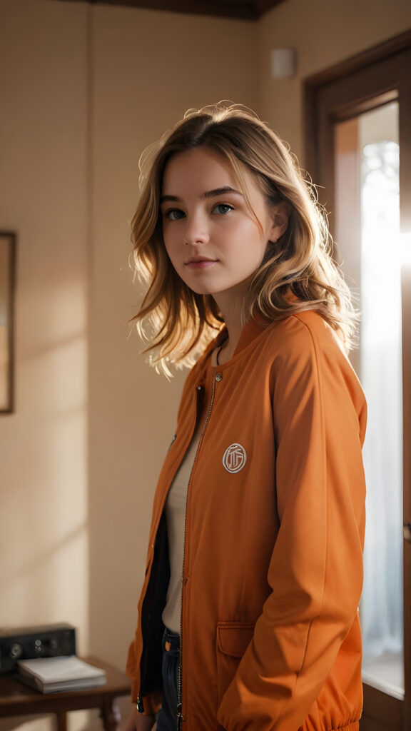 a (((vividly soft-haired young girl))) dressed in a ((tranquil orange jacket)), standing in a dimly lit room with (faint sunbeams illuminating the space around her)