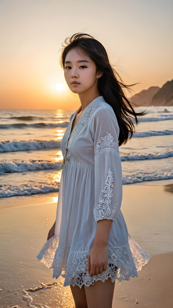 a (((vividly stunning, intricate, and detailed photograph))), capturing a (((Korean teen girl))) standing confidently on a (solitary sandy beach) under a breathtakingly peaceful sunrise, with long, flowing obsidian-black hair cascading down, full, defined lips, and a backdrop of the calm, rolling waters of an inviting ocean
