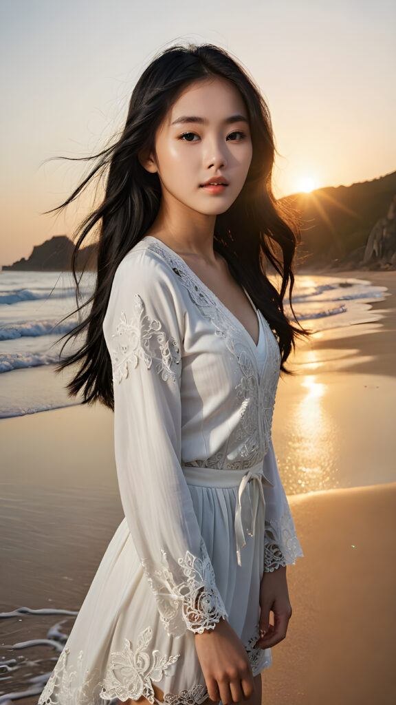 a (((vividly stunning, intricate, and detailed photograph))), capturing a (((Korean teen girl))) standing confidently on a (solitary sandy beach) under a breathtakingly peaceful sunrise, with long, flowing obsidian-black hair cascading down, full, defined lips, and a backdrop of the calm, rolling waters of an inviting ocean