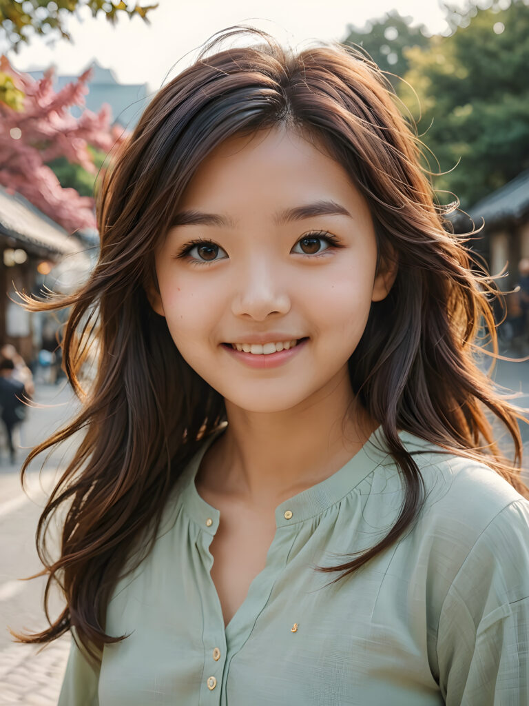 a warmly (((drawn))), ((softly colored)) portrait of a youthful Japanese girl with an endearing smile and flowing hair