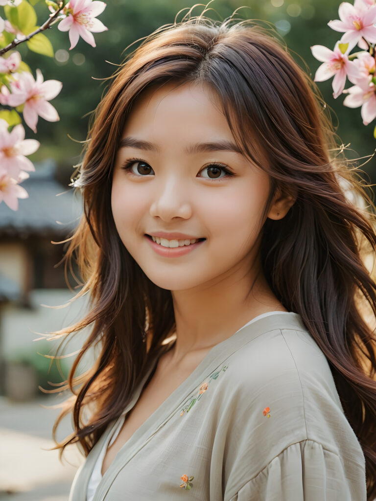 a warmly (((drawn))), ((softly colored)) portrait of a youthful Japanese girl with an endearing smile and flowing hair