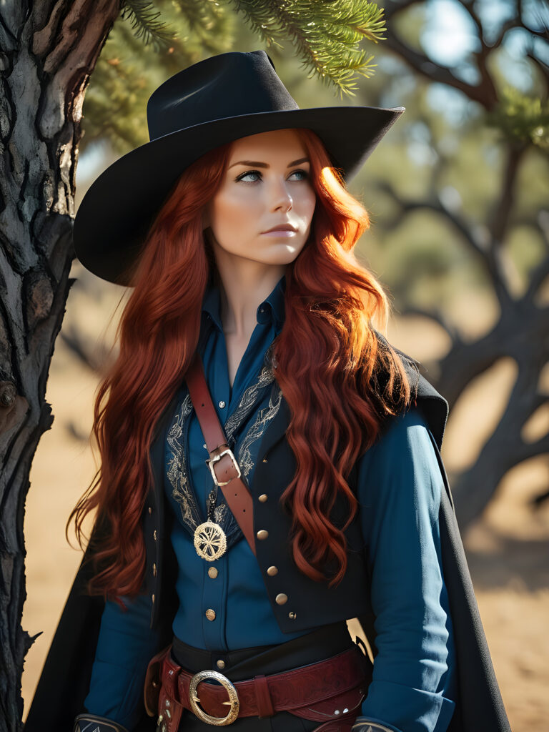 a western cowgirl, red head scottish girl with a blue vest cloak, with a tree black cowboy in black cloath