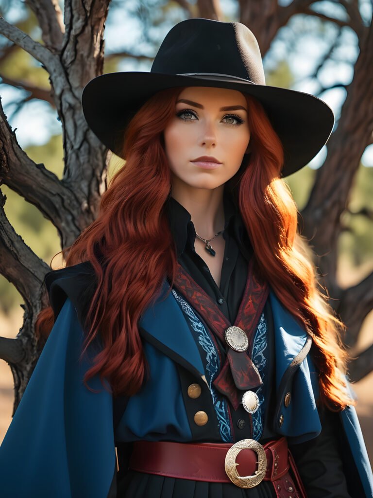 a western cowgirl, red head scottish girl with a blue vest cloak, with a tree black cowboy in black cloath
