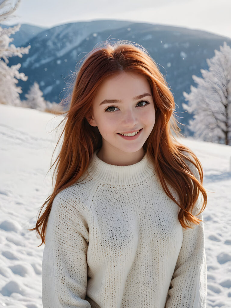 a wonderful and detailed photo: a sweet young red-haired teen girl with long, soft hair is wearing a white wool sweater. She is standing in a snowy landscape and smiling with joy.