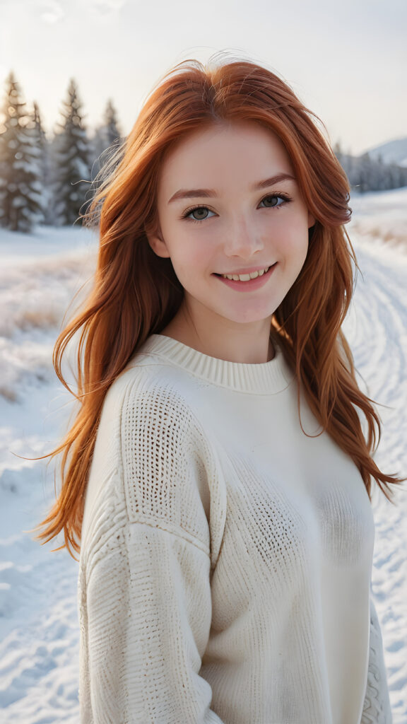 a wonderful and detailed photo: a sweet young red-haired teen girl with long, soft hair is wearing a white wool sweater. She is standing in a snowy landscape and smiling with joy.