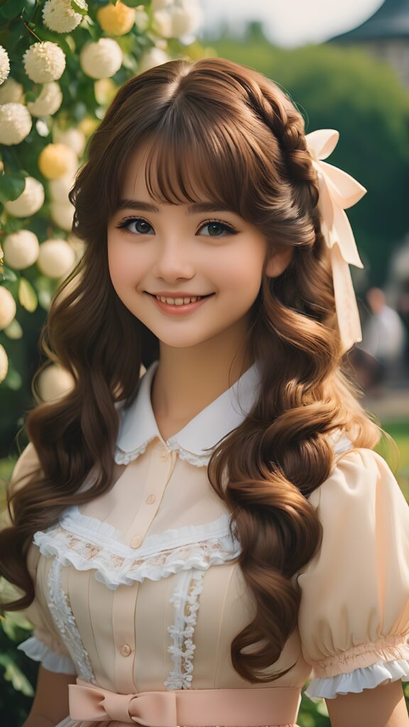 a young Lolita, with a round face, long hair. She is light dressed angelically and smiling, ((stunning)) ((gorgeous))